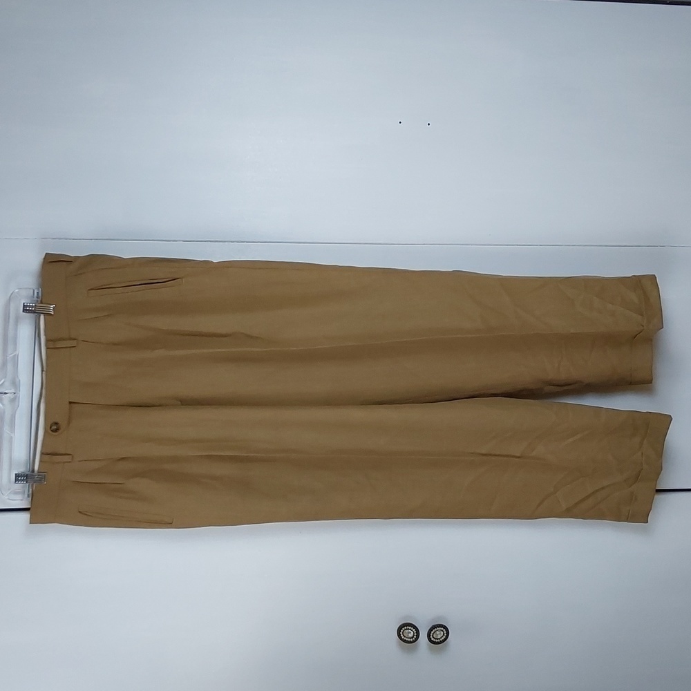 Bachrach Mens Tan Pleated /Cuffed Hem Dress  Office Trousers Silk Wool Sz.35X30